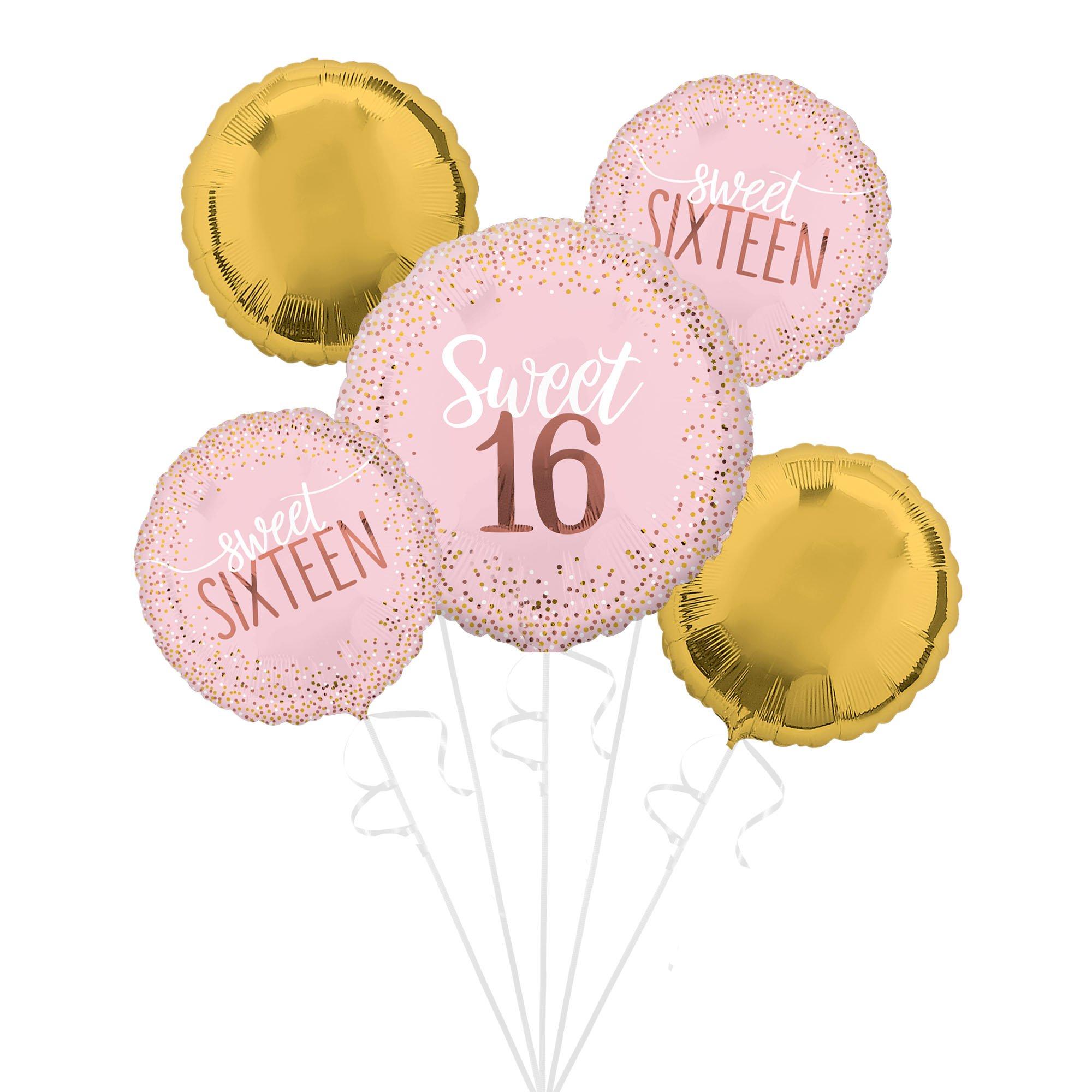 Blush Pink & Gold Sweet 16 Birthday Foil Balloon Bouquet